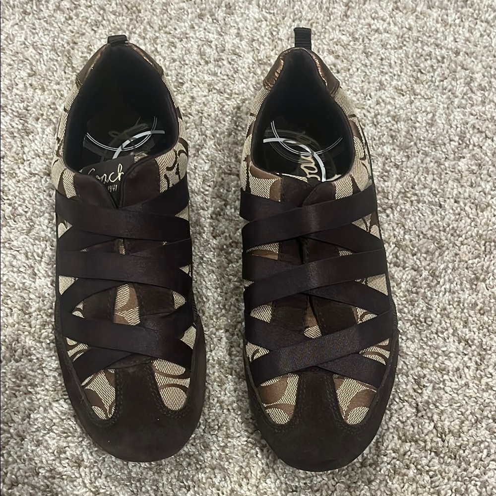 Coach Dark Brown and Beige Criss-Cross Sneakers